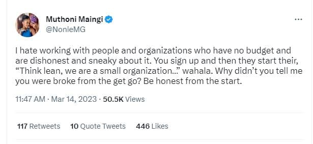 Muthoni maingi noniemg hate working with people and organizations who have no bu