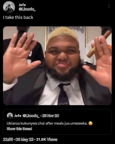 Jefe limoifo take this back jefe limoiio 26nov20 ukianza kukunywa chai after mea