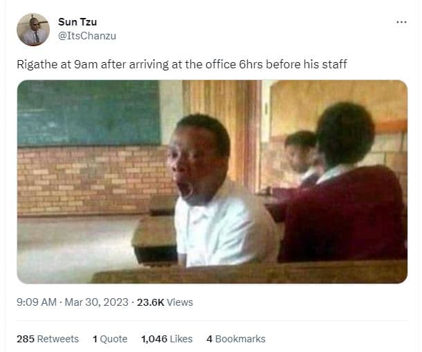 Sun tzu itschanzu rigathe at 9am after arriving at the office 6hrs before his st