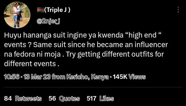 Triple 2njer f huyu hananga suit ingine ya kwenda high end events ? same suit si