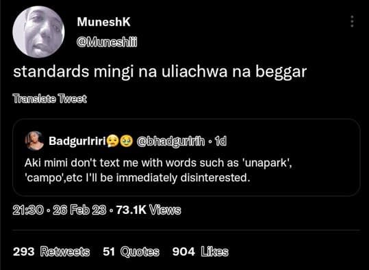 Muneshk muneshli standards mingi na uliachwa na beggar translate tieat badgurlri