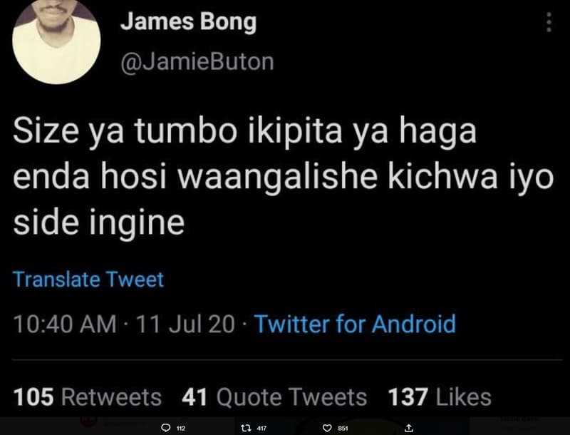 James bong jamiebuton size ya tumbo ikipita ya haga enda hosi waangalishe kichwa