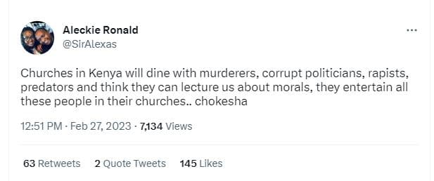 Aleckie ronald siralexas churches in kenya will dine with murderers corrupt poli