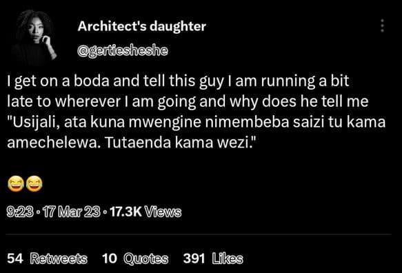 Architect's daughter gendesheshe get on a boda and tell this guy am running a bi