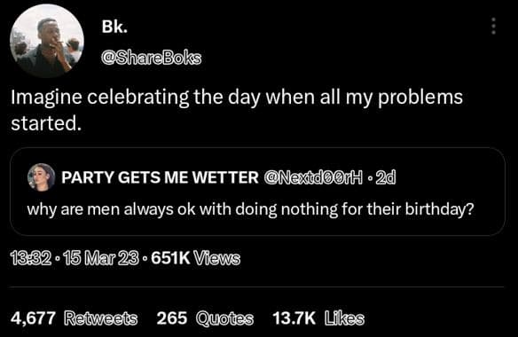 Bk. shareboks imagine celebrating the day when all my problems started. party ge