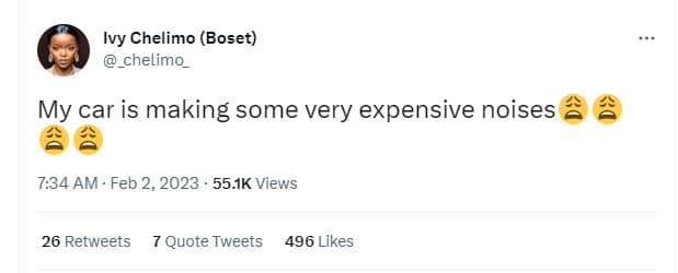 Ivy chelimo boset chelimo_ my car is making some very expensive noises 7.34 am .