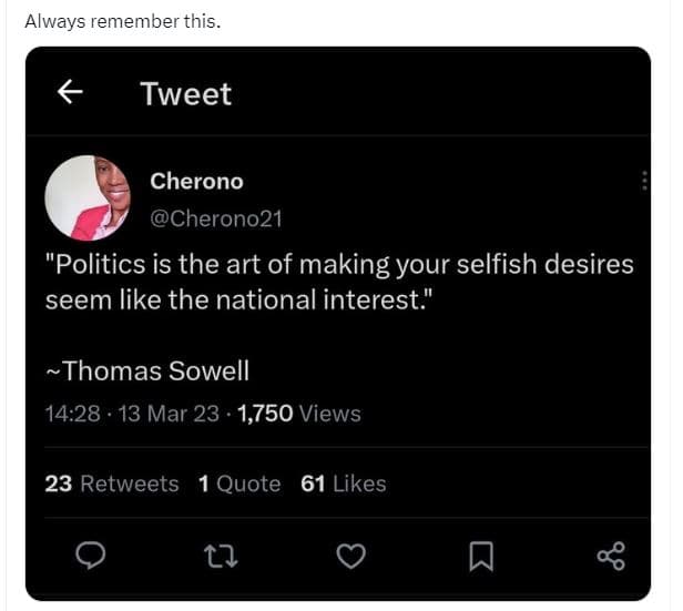 Always remember this_ tweet cherono cherono21 'politics is the art of making you