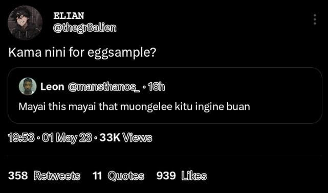 Elian the 8alien kama nini for eggsample? leon mansdhanos _ 16h mayai this mayai