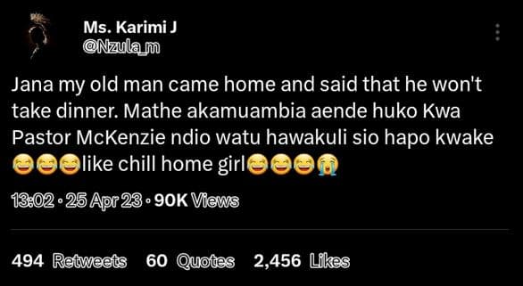 Ms. karimi nzulam jana my old man came home and said that he won't take dinner.