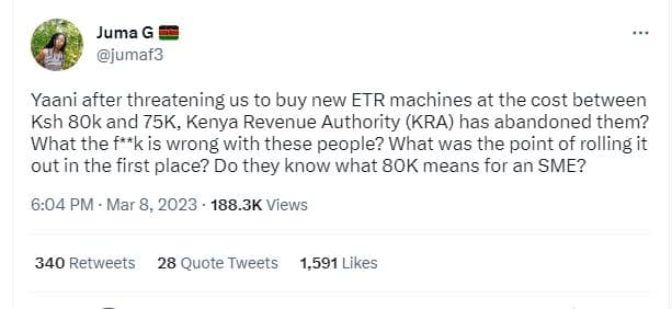 Juma g jumaf3 yaani after threatening us to buy new etr machines at the cost bet