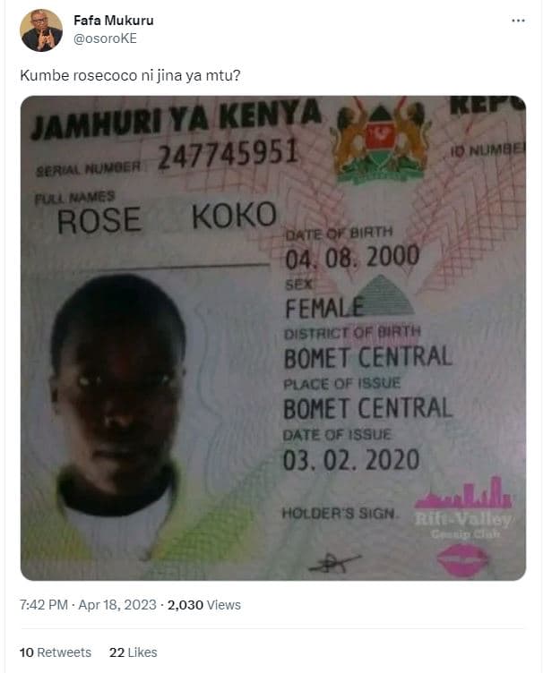 Fafa mukuru osoroke kumbe rosecoco ni jina ya mtu? ker gamhuri ya kenya 10 numqe