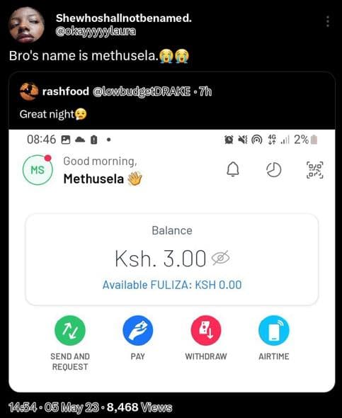 Shewhoshallnotbenamed. okayiyslaura bro's name is methusela. rashfood lowbudggdd