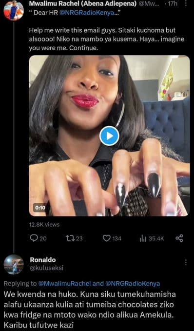 Mwalimu rachel abena adiepena mw_ 17h dear hr nrgradiokenya_ help me write this