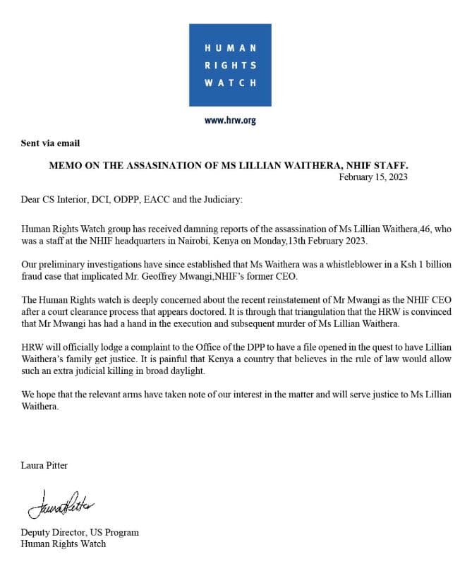 H u m a n r g h t w a t h www.hrw.org sent vía email memo on the assasination of