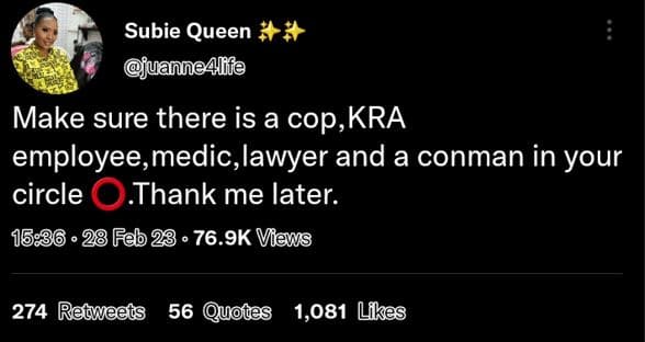 Subie queen uannealfe make sure there is a cop,kra employee medic,lawyer and a c