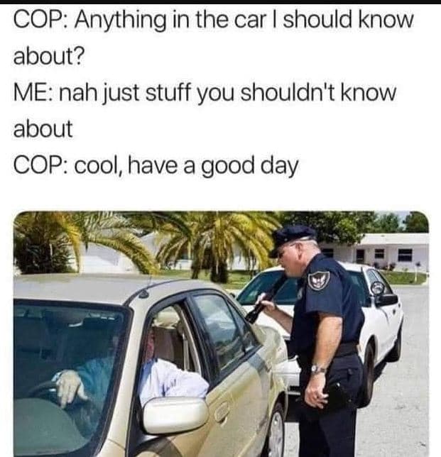Cop anything in the car should know about? me nah just stuff you shouldn't know