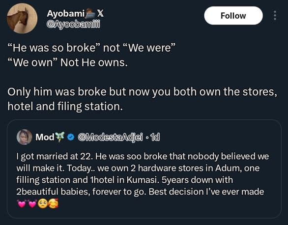Ayobami x ayoobanini follow he was so broke not 'we were 'we own' not he owns. o