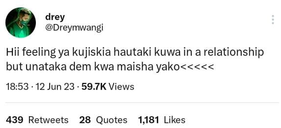 Drey dreymwangi hii feeling ya kujiskia hautaki kuwa in a relationship but unata