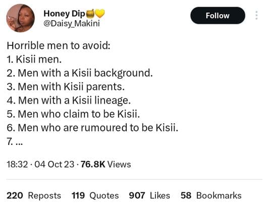 Honey dip daisy_makini follow horrible men to avoid kisii men. 2. men with a kis