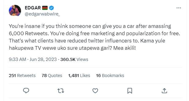 Edgar edgarwabwire you're insane if you think someone can give you a car after a