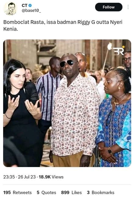 Follow base10 bomboclat rasta, issa badman riggy g outta nyeri kenia. 23.35 . 26
