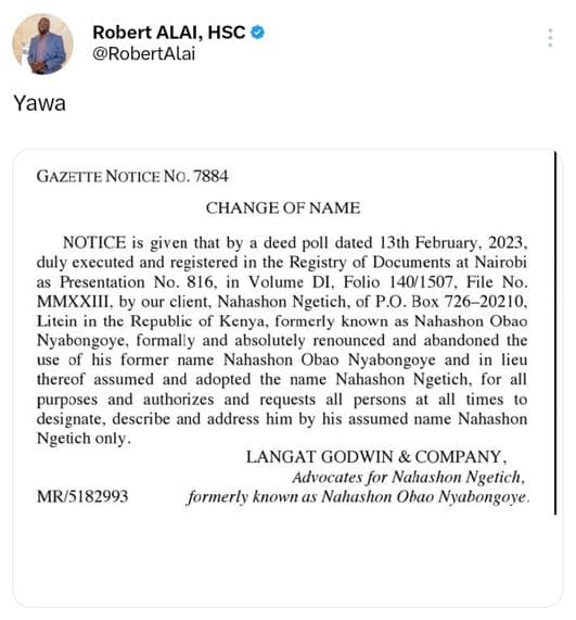 Robert alai, hsc robertalai yawa gazette notice no. change of name notice is giv