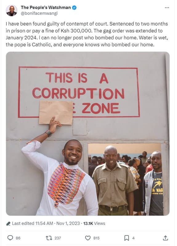 The people's watchman bonifacemwangi have been found guilty of contempt of court