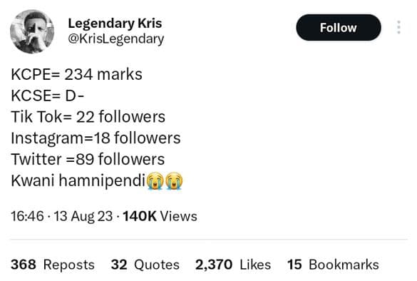 Legendary kris krislegendary follow kcpe 234 marks kcse d tik tok 22 followers i