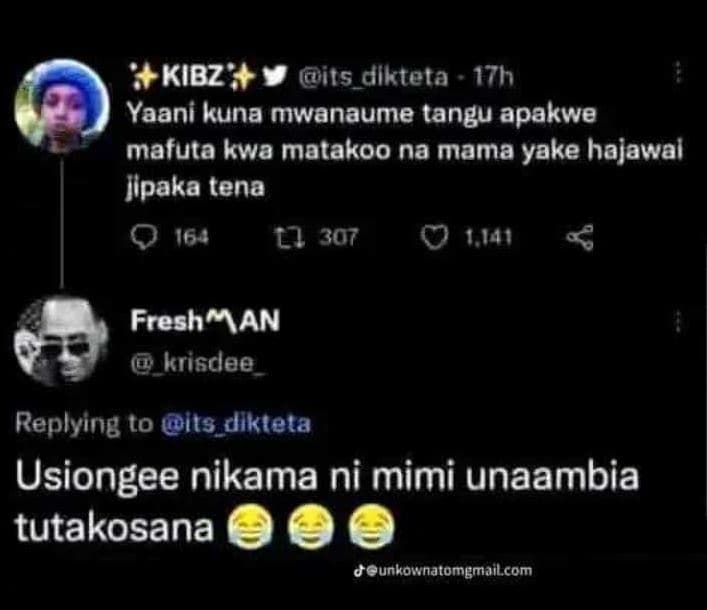 Kibz its_dlkteta 17h yaani kuna mwanaume tangu apakwe mafuta kwa matakoo na mama