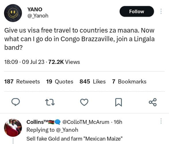 Yano yanoh follow give us visa free travel to countries za maana. now what can g