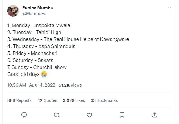 Eunice mumbu mumbueu monday inspekta mwala 2. tuesday tahidi high 3. wednesday t