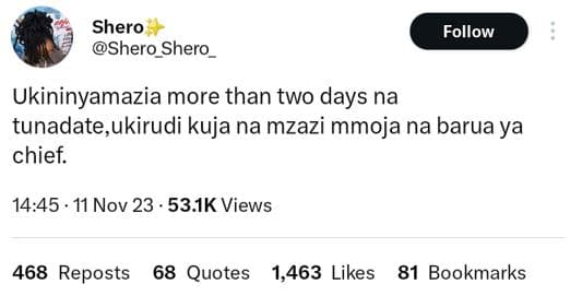 Shero shero shero follow ukininyamazia more than two days na tunadate,ukirudi ku