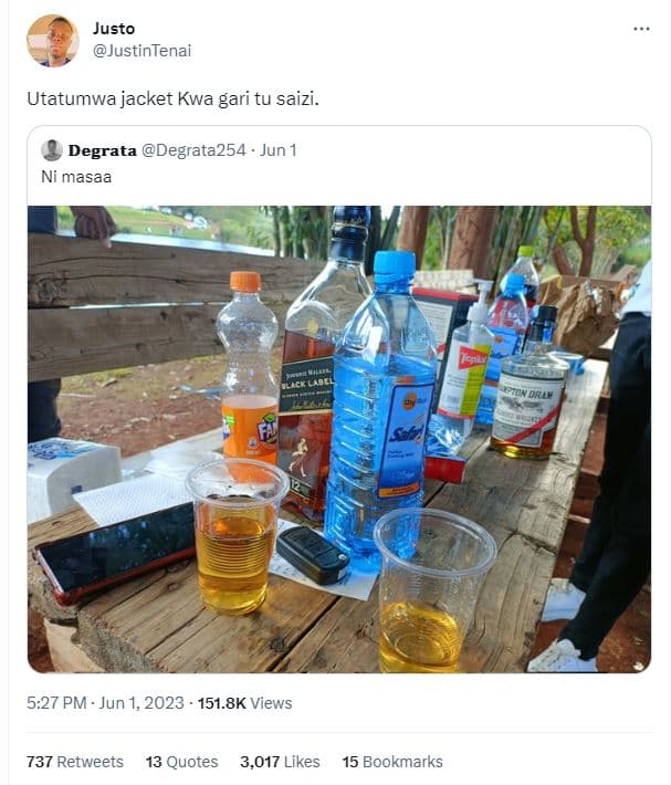 Justo justintenai utatumwa jacket kwa gari tu saizi. degrata degrata254 jun ni m