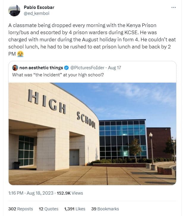 Pablo escobar ed kemboi a classmate being dropped every morning with the kenya p