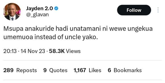 Jayden 2.0 glavan follow msupa anakuride hadi unatamani ni wewe ungekua umemuoa