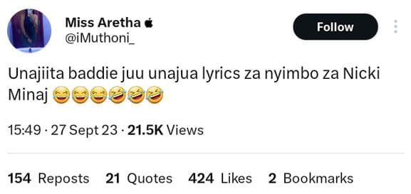 Miss aretha imuthoni _ follow unajiita baddie juu unajua lyrics za nyimbo za nic