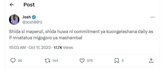 Post josh josh001j shida si mapenzi , shida huwa ni commitment ya kuongeleshana