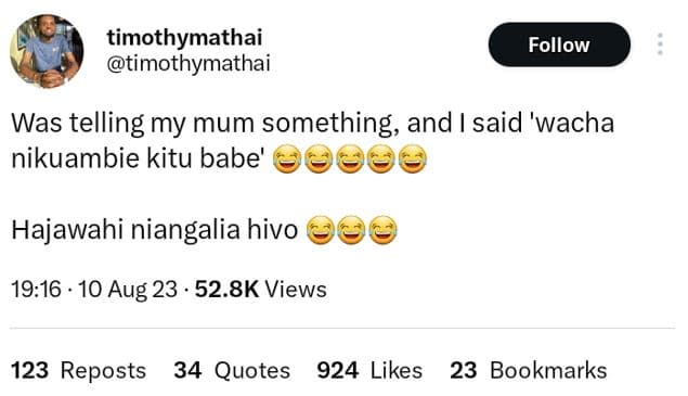 Timothymathai timothymathai follow was telling my mum something and 1 said 'wach