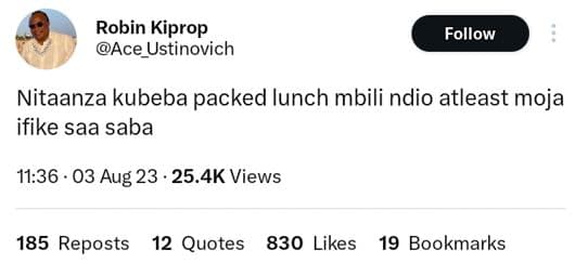 Robin kiprop ace_ustinovich follow nitaanza kubeba packed iunch mbili ndio atlea