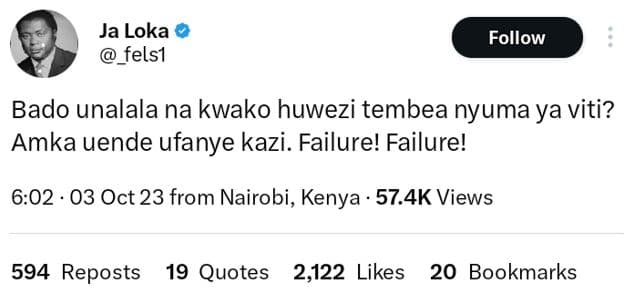 Ja loka felsı follow bado unalala na kwako huwezi tembea nyuma ya viti? amka uen