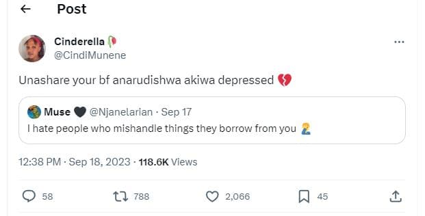 Post cinderella cindimunene unashare your bf anarudishwa akiwa depressed muse nj