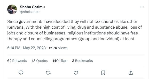 Shoba gatimu shobanes since governments have decided they will not tax churches