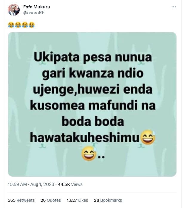 Fafa mukuru osoroke gee2 ukipata pesa nunua gari kwanza ndio ujenge,huwezi enda