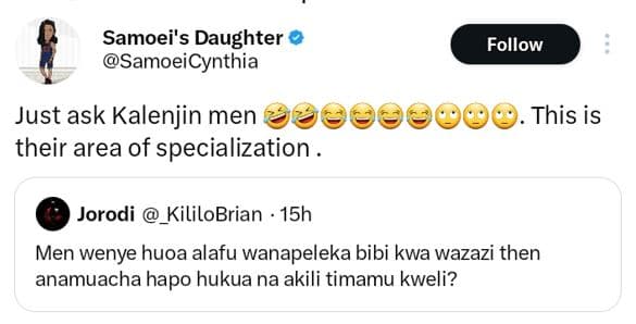 Samoei's daughter samoeicynthia follow just ask kalenjin men their area of speci