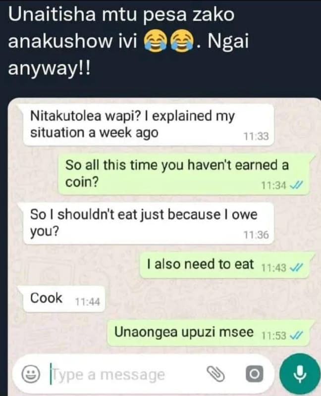 Unaitisha mtu pesa zako anakushow ivi ngai anywayl! nitakutolea wapi? explained