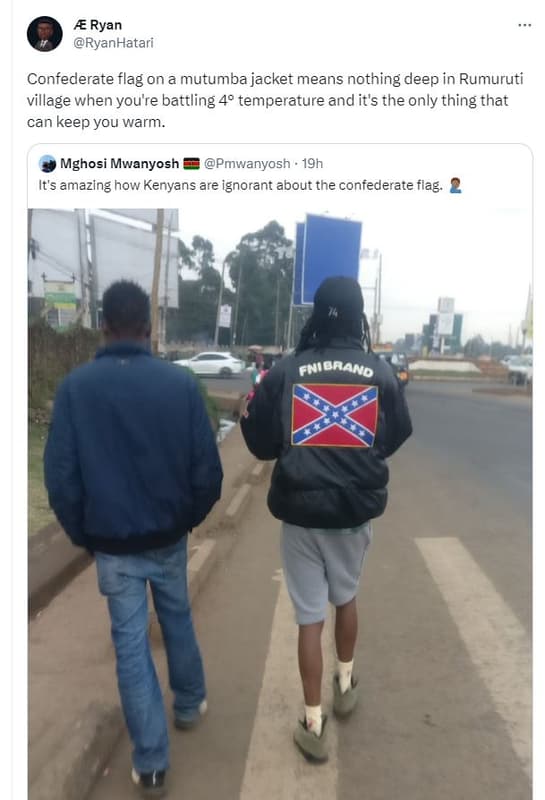 Ryan ryanhatari confederate flag on a mutumba jacket means nothing deep in rumur