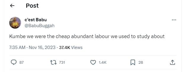 Post c'est babu babubuggah kumbe we were the cheap abundant labour we used to st