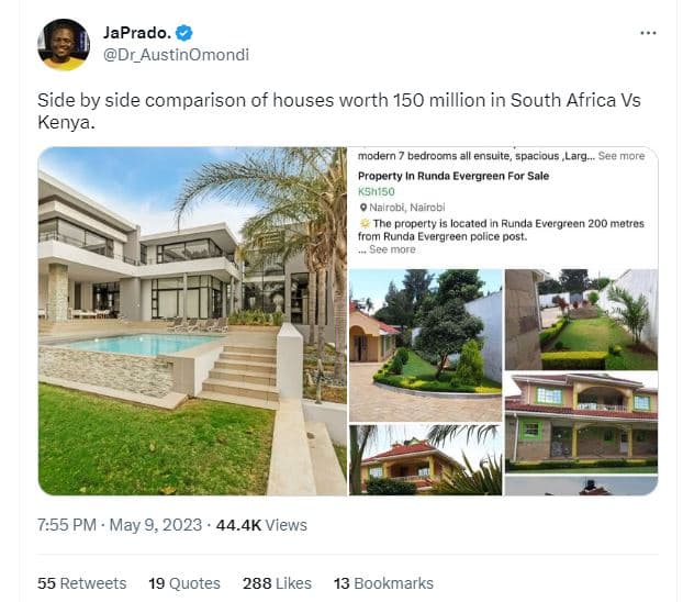 Japrado dr_austinomondi side by side comparison of houses worth 150 million in s
