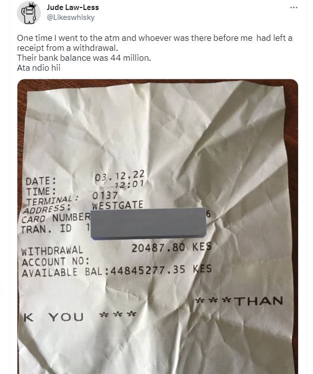 Jude lawless likeswhisky one time went to the atm and whoever was there before m