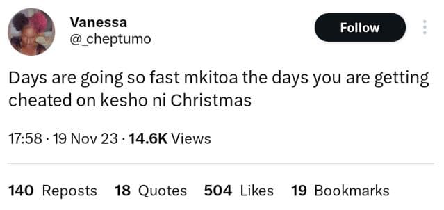 Vanessa cheptumo follow days are going so fast mkitoa the days you are getting c
